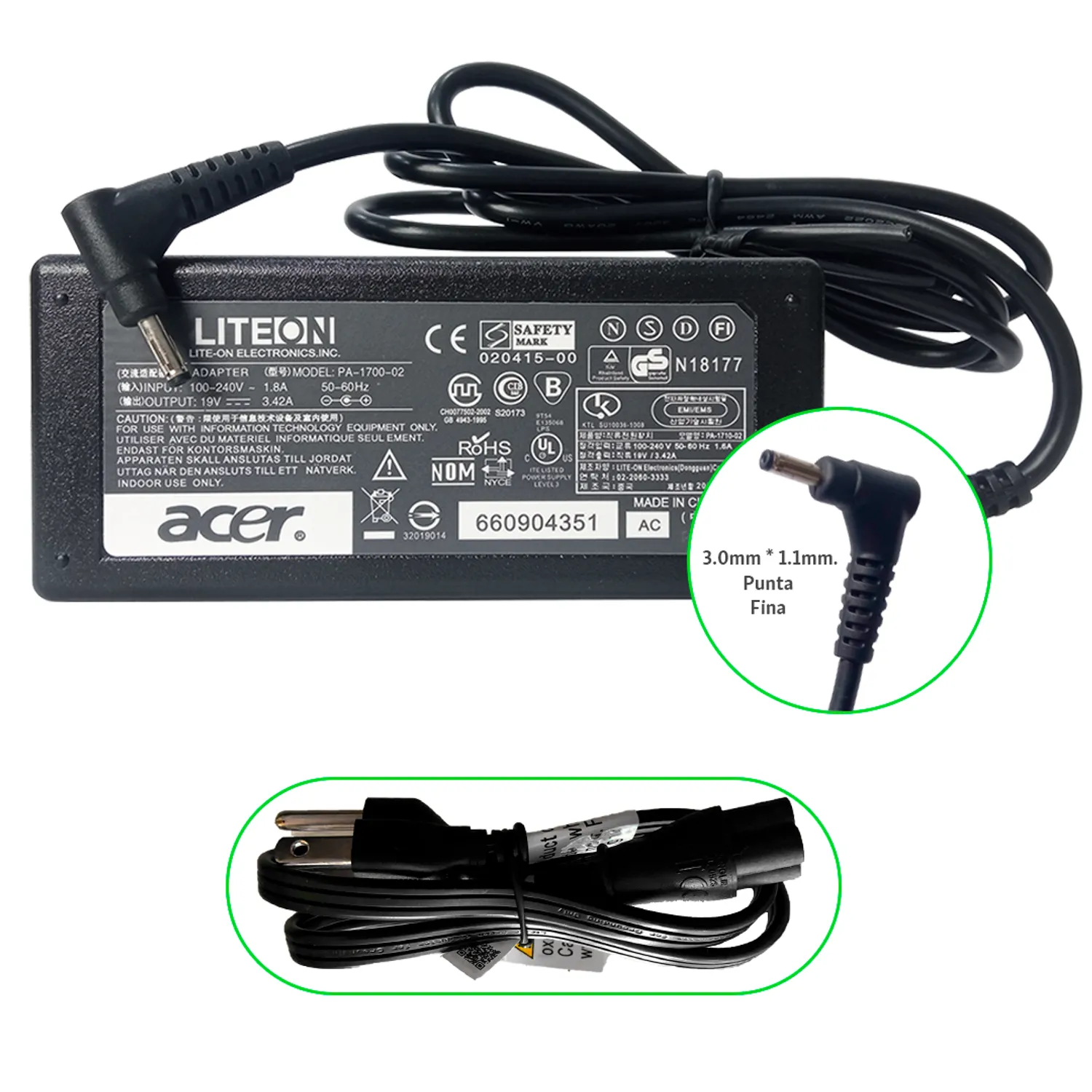 CARGADOR ACER 19.0V 3.42 P.FINITA (00488)