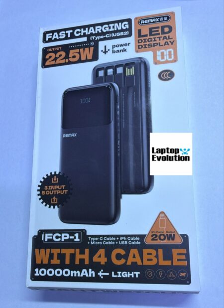 BATERIA PORTATIL REMAX FCP-1 -10000 MAH TIPO C -USB -LIGHTNING -IPHONE PANTALLA LED -4 CABLE (04910)